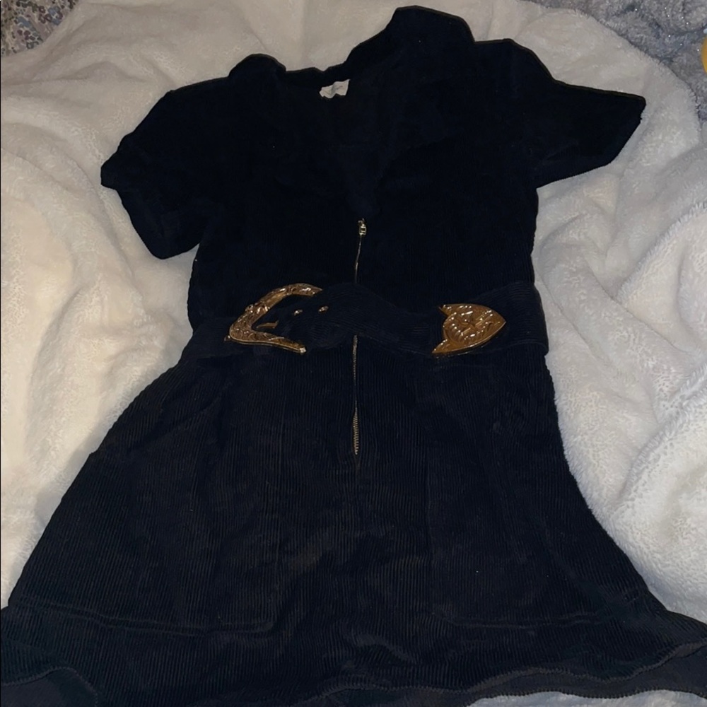 Women's Black Corduroy Short-Sleeve Dress with Decorative Belt